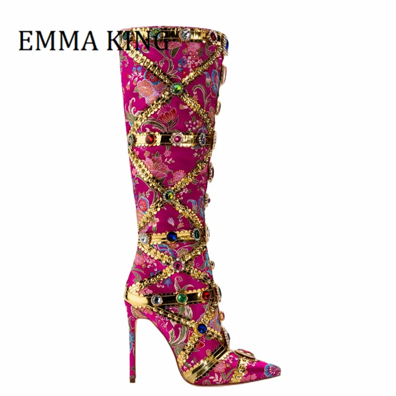 

Spring Women Gemstone-embellished Boots Embroidered Floral Satin Knee-height Boots Sexy Pointed Toe Stiletto Heel Botas De Mujer