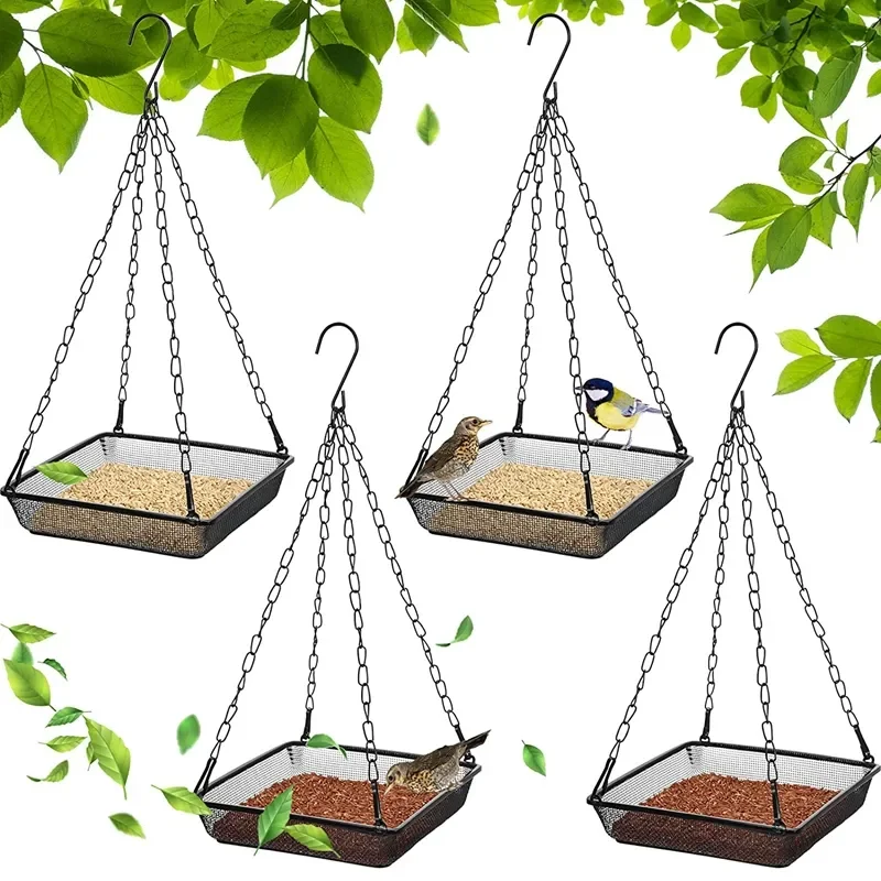 

4 Packs Hanging Bird Feeder Tray Metal Mesh Seed Tray Platform Bird Seed Feeder With Chain Flat Bird Feeder