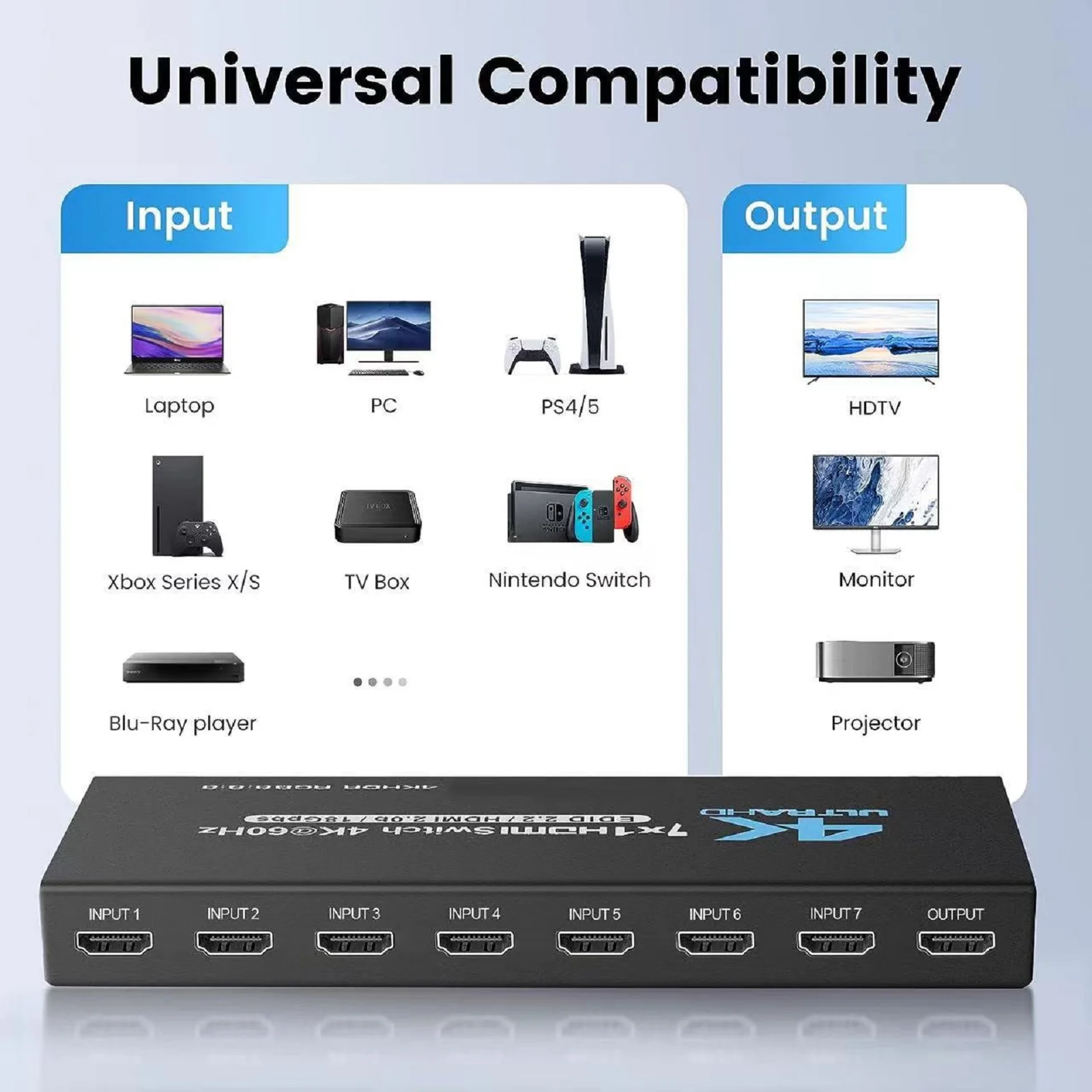 Фото Коммутатор 7 портов HDMI 2,0 4K @ 60 Гц 7x1 HDMI 2,0 переключатель с ИК-пультом дистанционного управления аудио и видео преобразователь 7 в 1 выход поддержка HDR и HDCP 2,2 DC5V №3