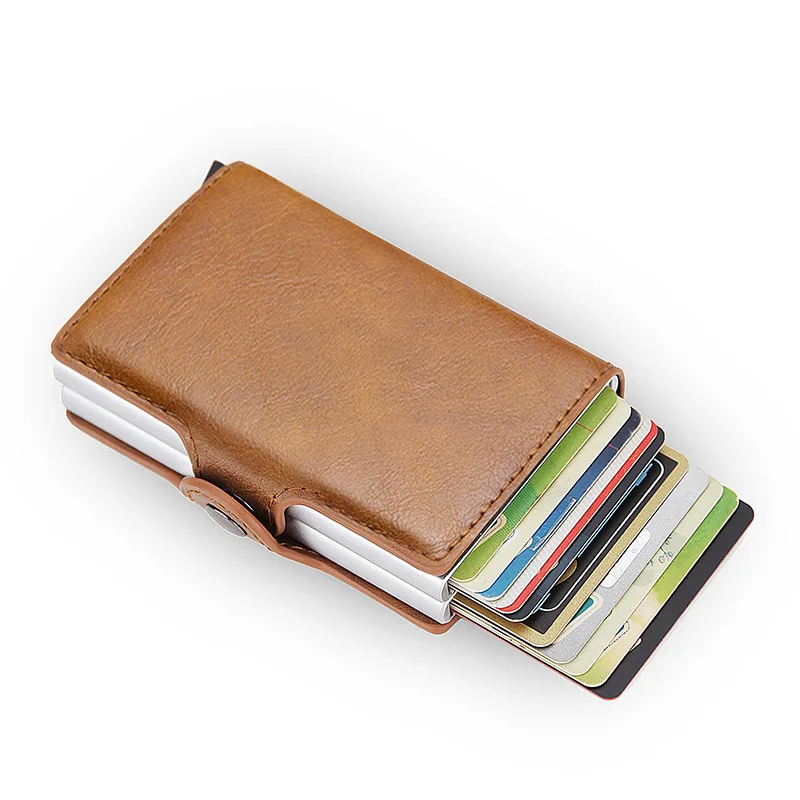

Men's Wallet Double-Case Metal Automatic Card Purse Leather Wallet Clip One Click To Eject The Card Holder Business Wallets