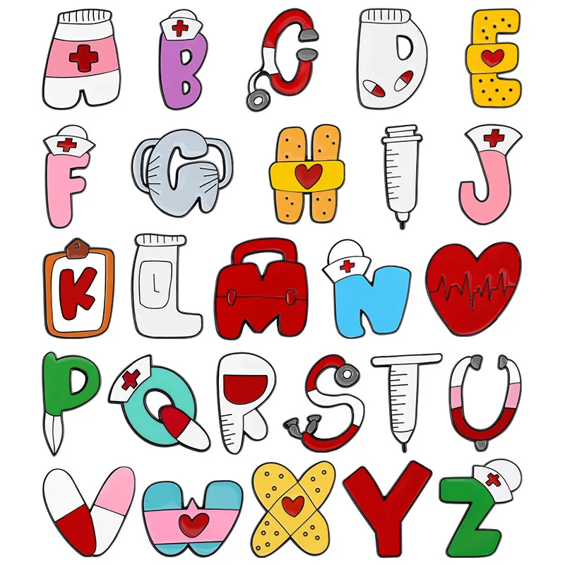 

Cute Creative Medical Design 26 Letters Brooch Lapel Pin Alloy Badge Buckle Clothing Backpack Accessory Cartoon Jewelry Gift