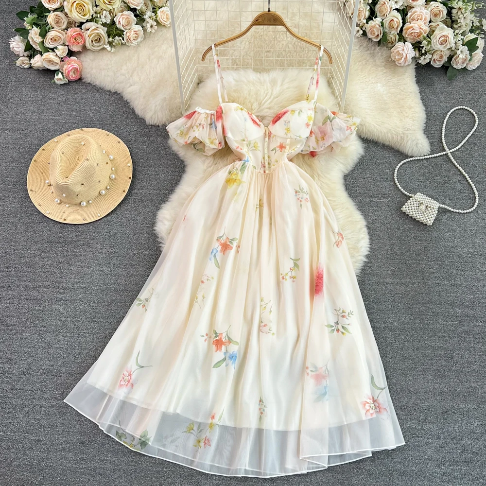 

Sweet Little Fresh Tube Top Suspender Dress French-style Celebrity Temperament Slim Waist Mid-length A-line Printed Dress Traf