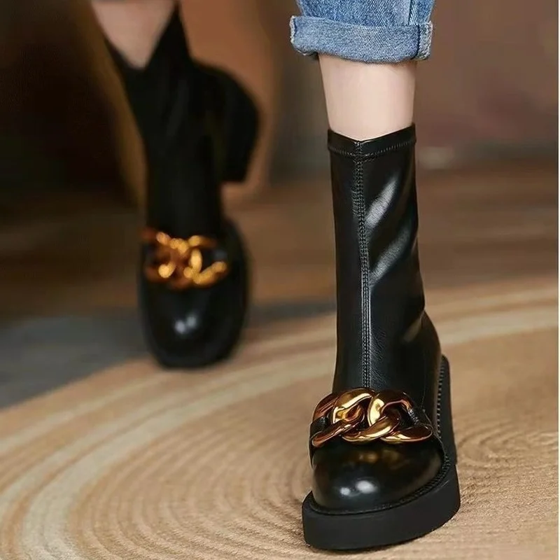 

New Round Head Thick Heel Short Boots Korean Version of Simple Heel Female Boots Heel Short Boots luxury brand shoes women