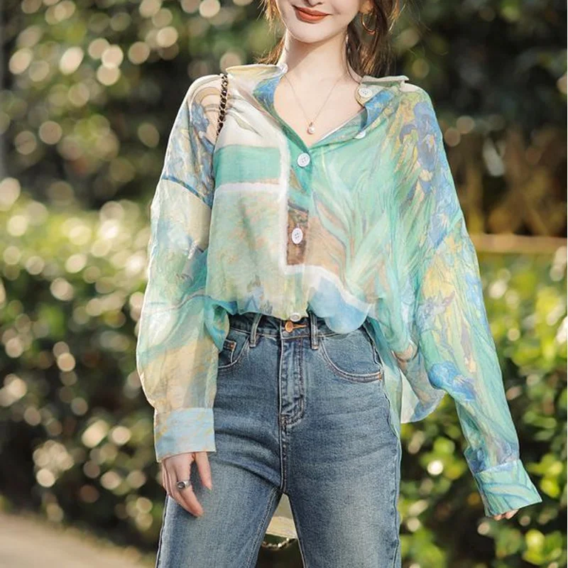 

2023 New Spring and Summer Fashion Tie Dyed Simple Lapel Single Breasted Long Sleeved Top Loose Casual Versatile Women's Shirt