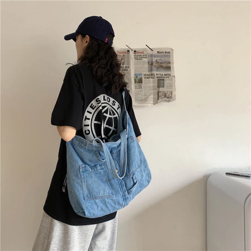 

Korean Women's Ins Internet Red Fashion Versatile Cowboy Bag Simple Large Capacity Canvas Student Class One Shoulder Crossbody