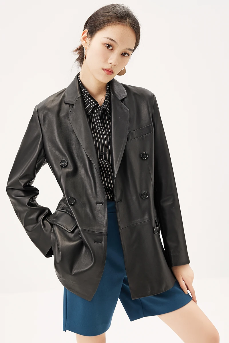 New 2022 Sheepskin Leather Jacket Women  Double Breasted  Streetwear  Pockets  Autumn/Winter  Genuine Leather Jacket