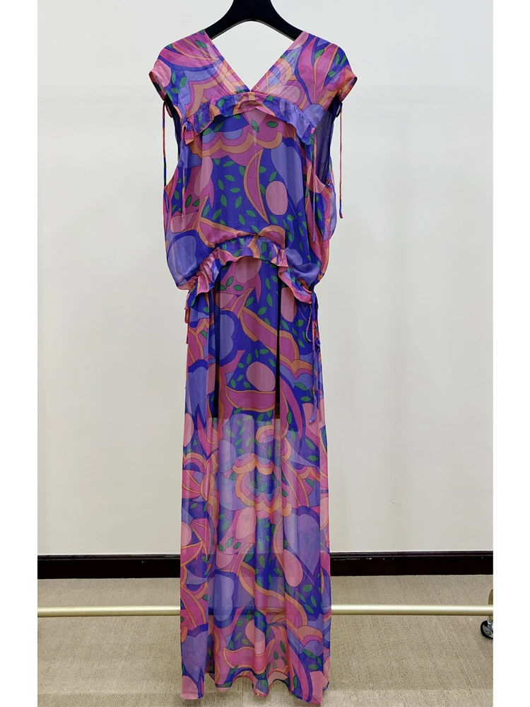 

Women Dress 2022 Spring/Summer Print Dress V-Neck Sleeveless Ladies Casual Long Dress