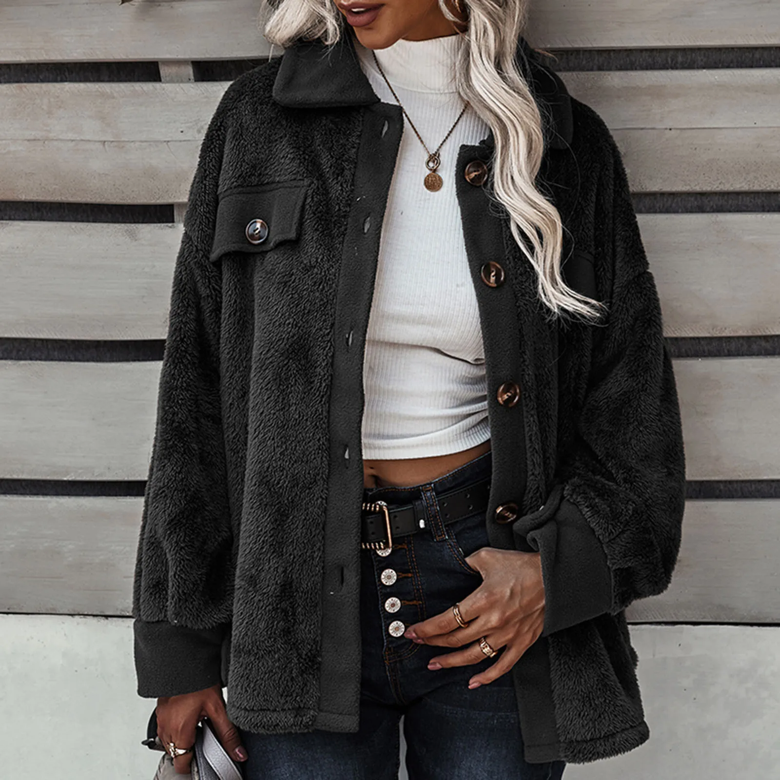 

Ladies Winter Warm h Jacket Solid Color Casual Buttons Longer Womens Jackets Winter Hoodies for Women of Fleece Jacket