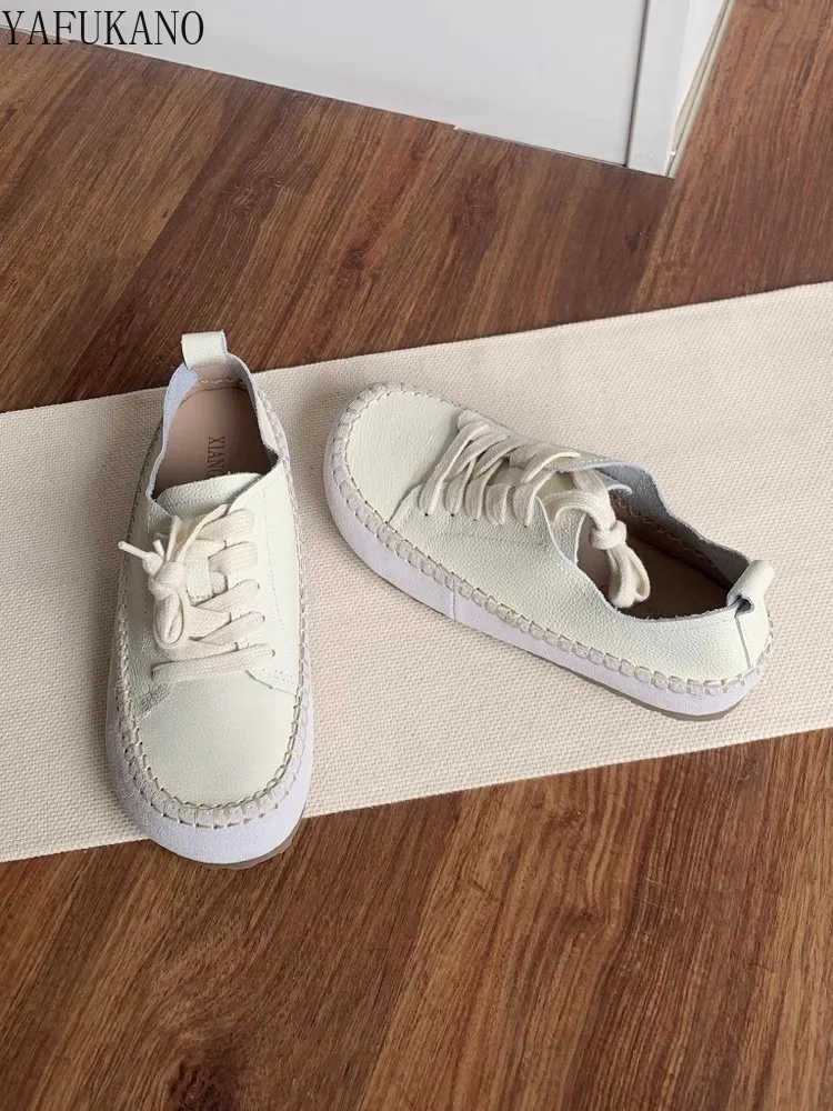 Женская обувь из натуральной кожи Mori Girl Literary Retro Lace Up Low Top Loloafers Ручная работа