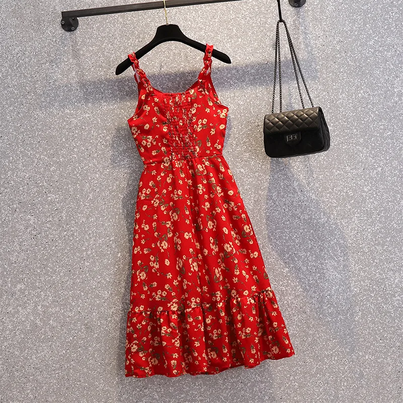 

Элегантная женская одежда в стиле ретро, Новинка лета 2022, красное платье на бретелях без рукавов с цветочным рисунком, P77