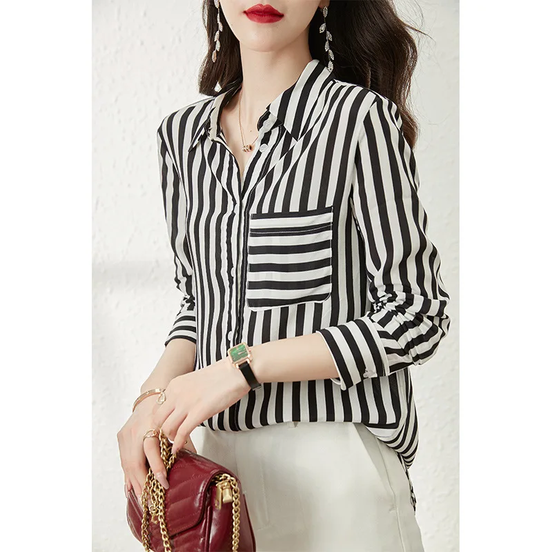 

Striped Silk Shirt Women Silk Blouse In Early Spring 2023 Summer New Silk Shirt Mulberry Silk Shirt OL Style