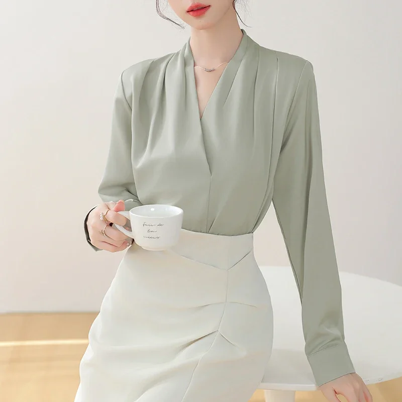 Новая женская блузка с v-образным вырезом белая офисная длинным рукавом рубашка