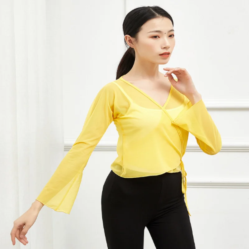 

New Arrival Ballet Dance Costume Fashion Solid Color High Waist Warm-up ClothesThin Breathable Dance Lashing Light Gauzy Blouse