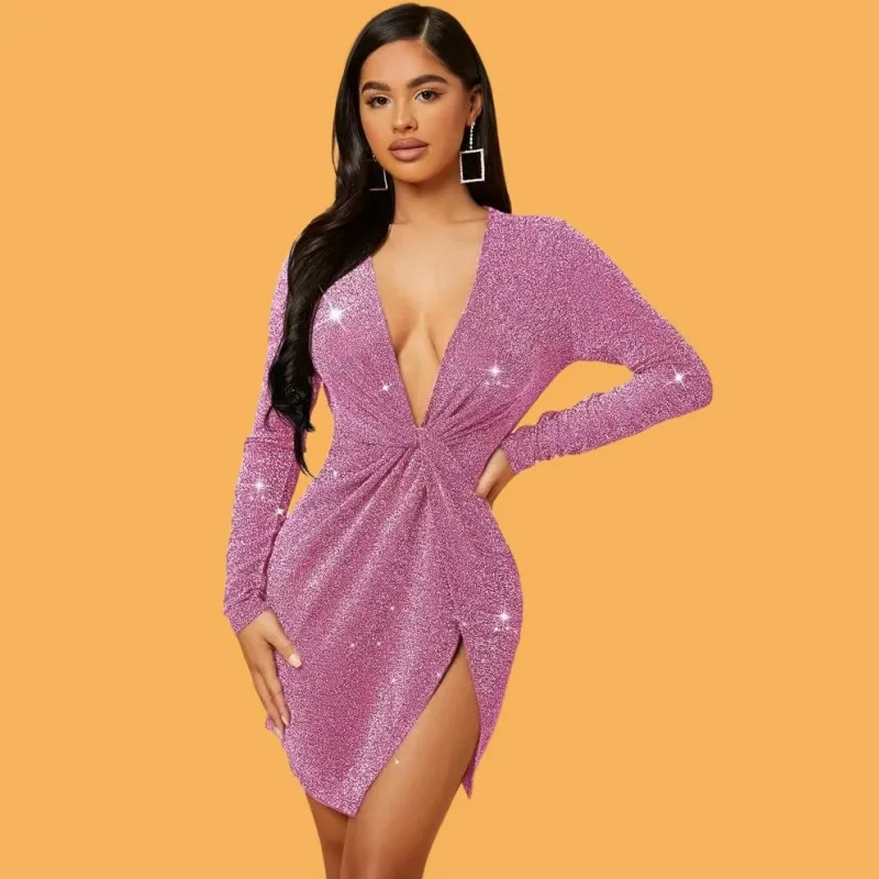 

Sweet Europe and America autumn sexy Spice women's dress solid color long sleeve pleated high slit dress