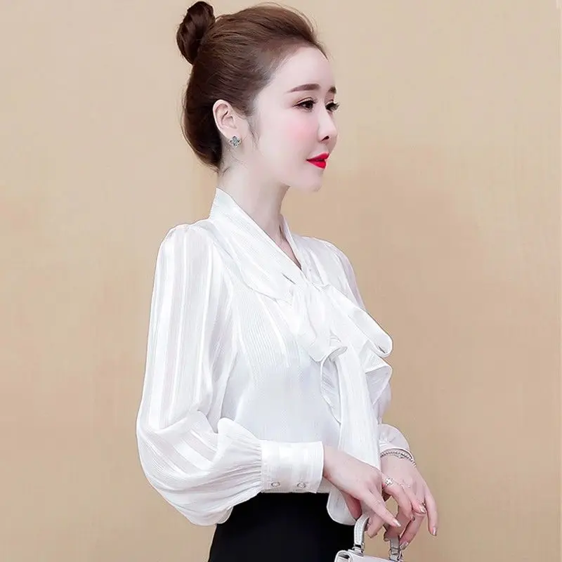 

Puff Sleeve Bottoming Shirt Lantern Sleeve Chiffon Blouse Ribbon White Shirt Women's Loose Drape Top S-3XL