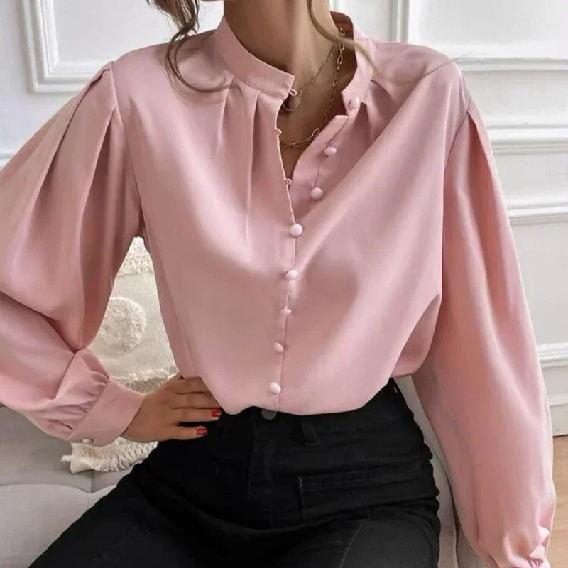 

Solid Color Loose Long Lantern Sleeve Tops Half Open Collar Blouse 2023 New Autumn Shirt Women Elegant Clothes Blusas 29732
