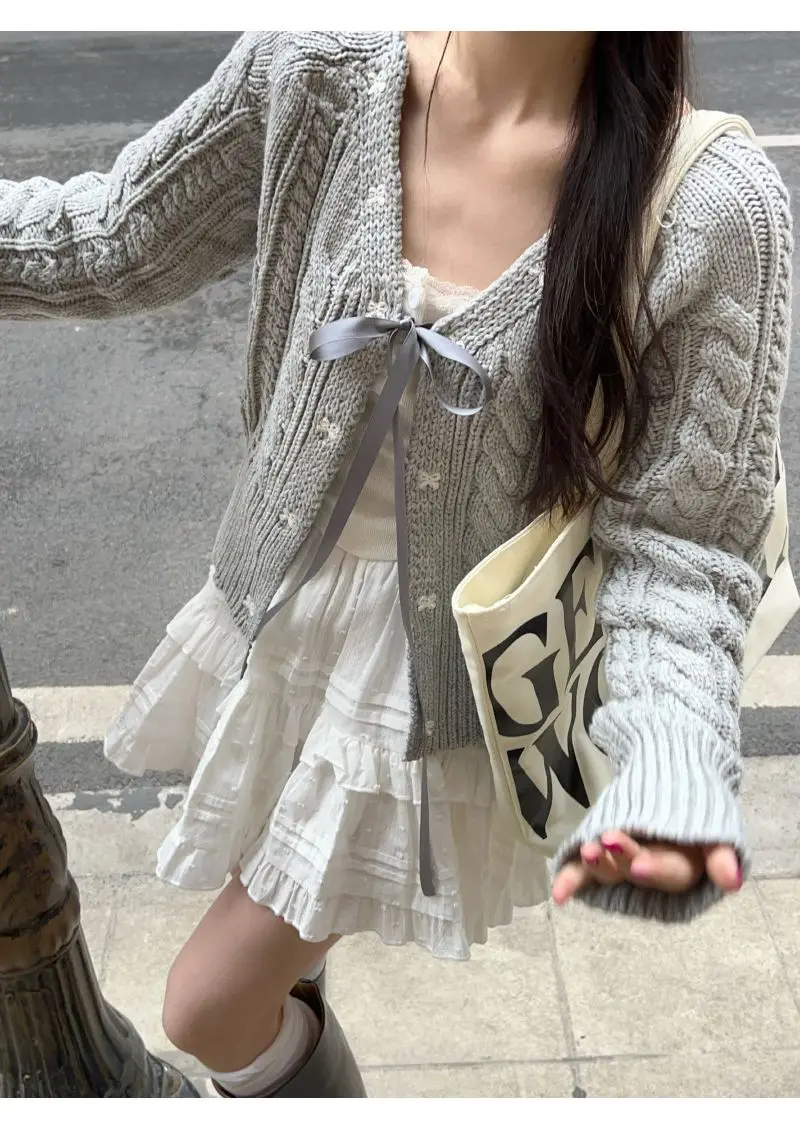 Корейские модные серые кардиганы для женщин милая бандажная кокетка с бантом