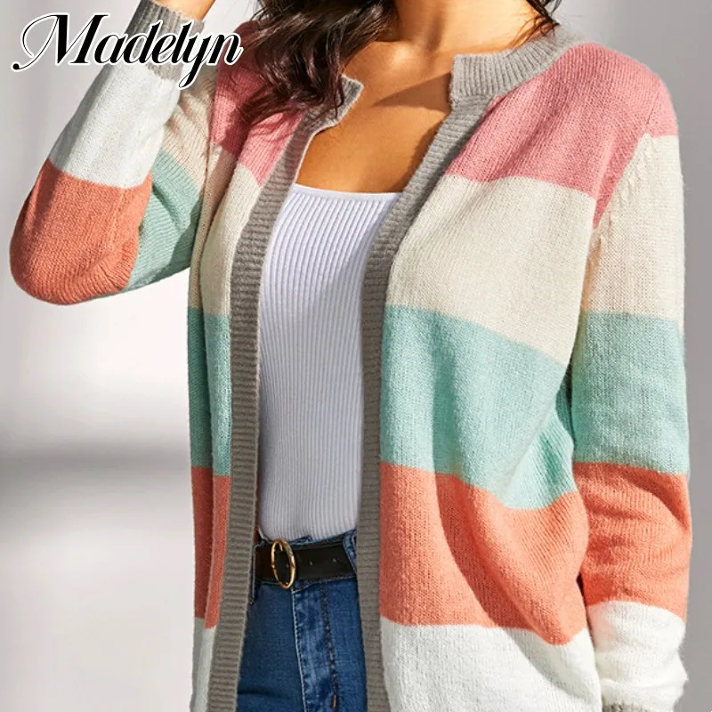

Korean Fashion Knitted Cardigan Women Single Breasted Splicing Stripes Sweater Top Female Autumn Winter Warm Knitwear Cardigans