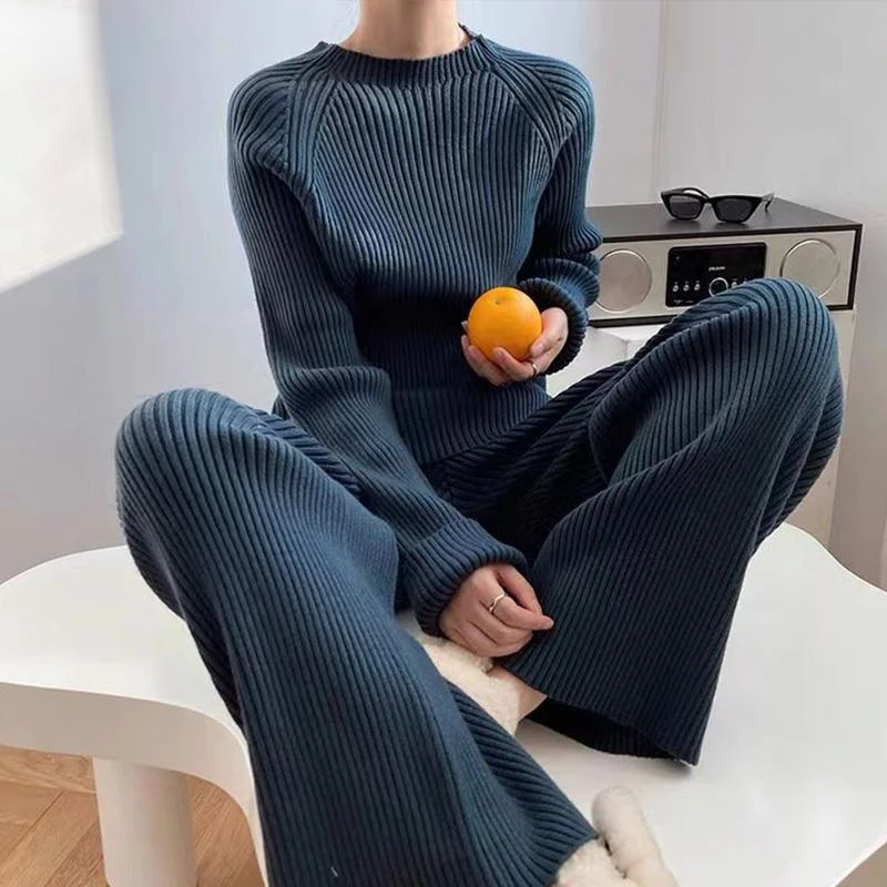 Sweater Knit Two Piece Set Women O Neck Thread Sweater Knit Tracksuit Female Casual High Waist Knit Wide Leg Straight Pants Suit