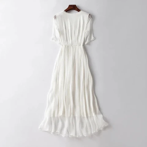 Artificial mulberry Silk Dresses For Women 2022 Summer Elegant V neck Hollow White Pink Evening Dresses Fairy Party Long Dress
