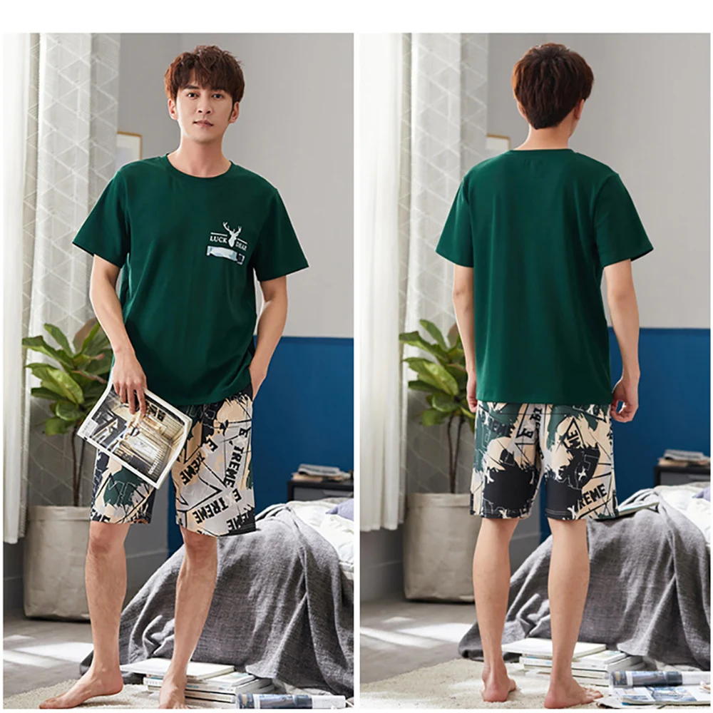 Summer 100% Cotton Pajama Man Cartoon Print Pijama+Fashion Letters Shorts Pajamas for Men  Casual Plus Size Sleepwear Pajama Set