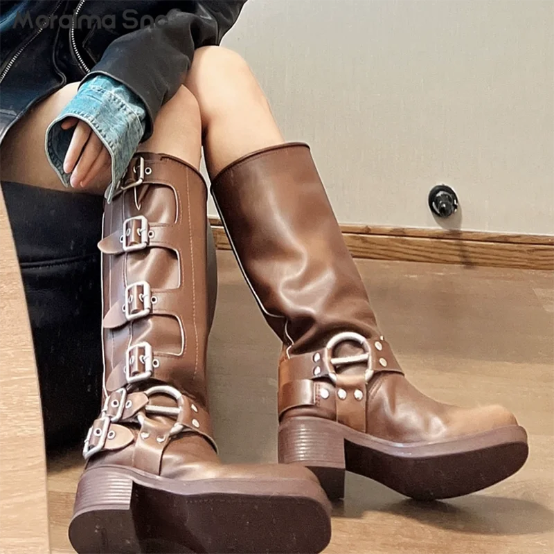 Vintage Brown and Black Ladies Knight Boots Block Heel Boots Metal Strap Buckle Platform Large Size Retro Fashion Women's Boots