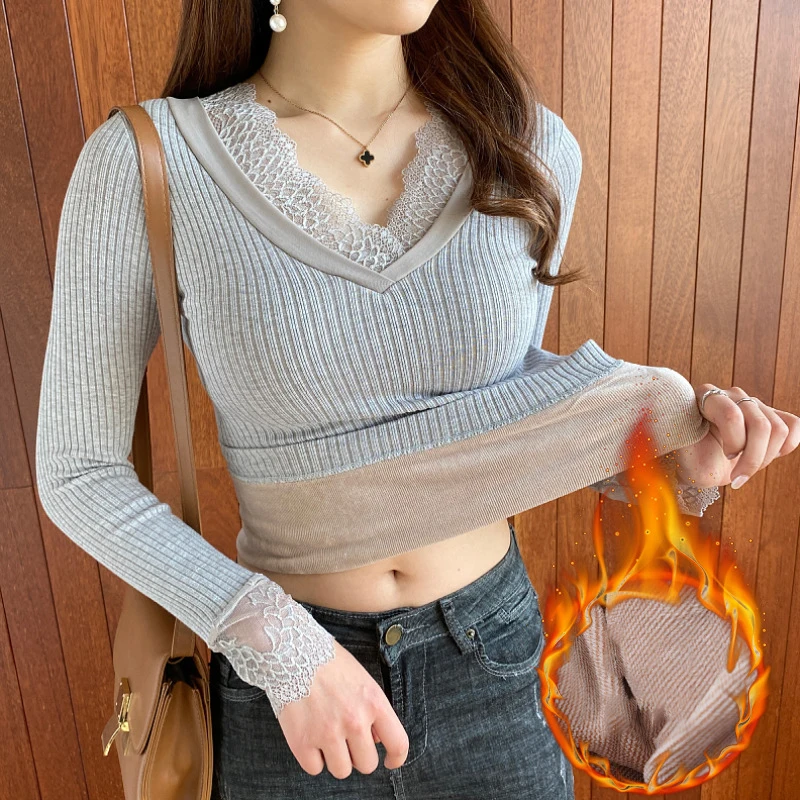 Women Thermal Underwear Velvet Long Sleeve T-Shirt New 2023 Winter Clothes Thick Knittied V-Neck Lace Bottomed Thermo Blouse
