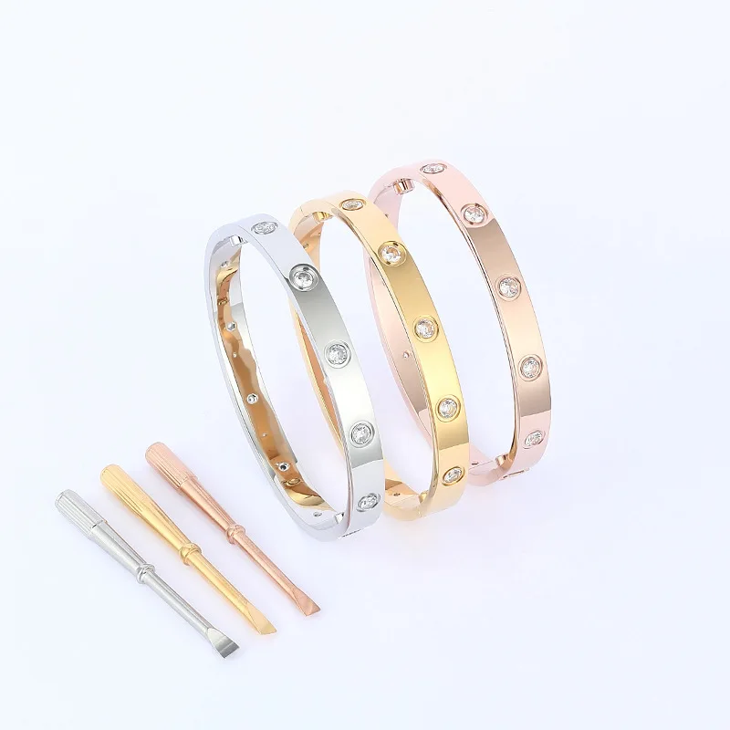 

Gold Plating Lover Bangles for Women Rose Gold Color Stainless Steel Charming CZ Cuff Bracelet Luxury Jewellery Gifts