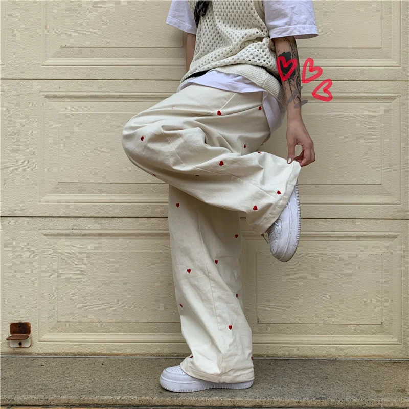 

Women's Jeans Streetwear Casual Heart Shaped Embroidery Elastic Waist Vintage Baggy Straight Denim Trouser Mom Wide Leg Pants