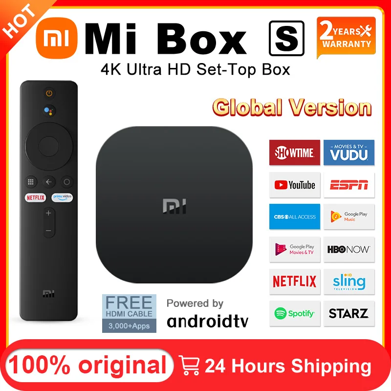 ТВ-приставка Xiaomi Mi TV Box S 4K HDR Wi-Fi Google Assistant Chromeca Bluetooth 4 0 Android 8 1 Smart IPTV 2 ГБ медиаплеер |