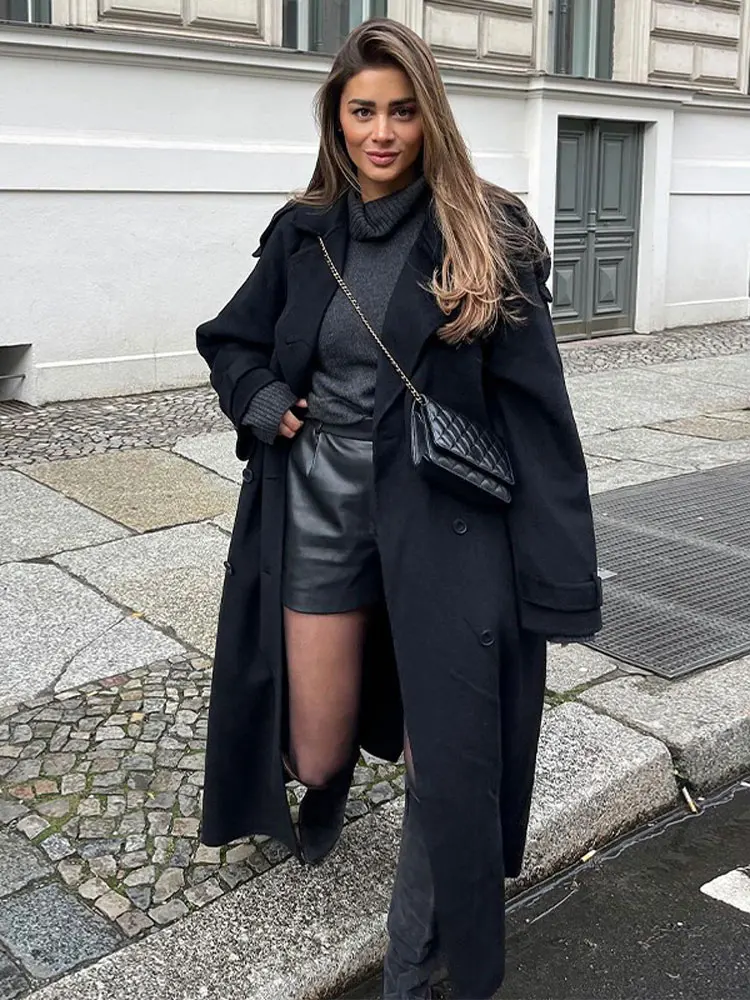 Женское шерстяное пальто с поясом Черное длинное Свободное оверсайз двумя