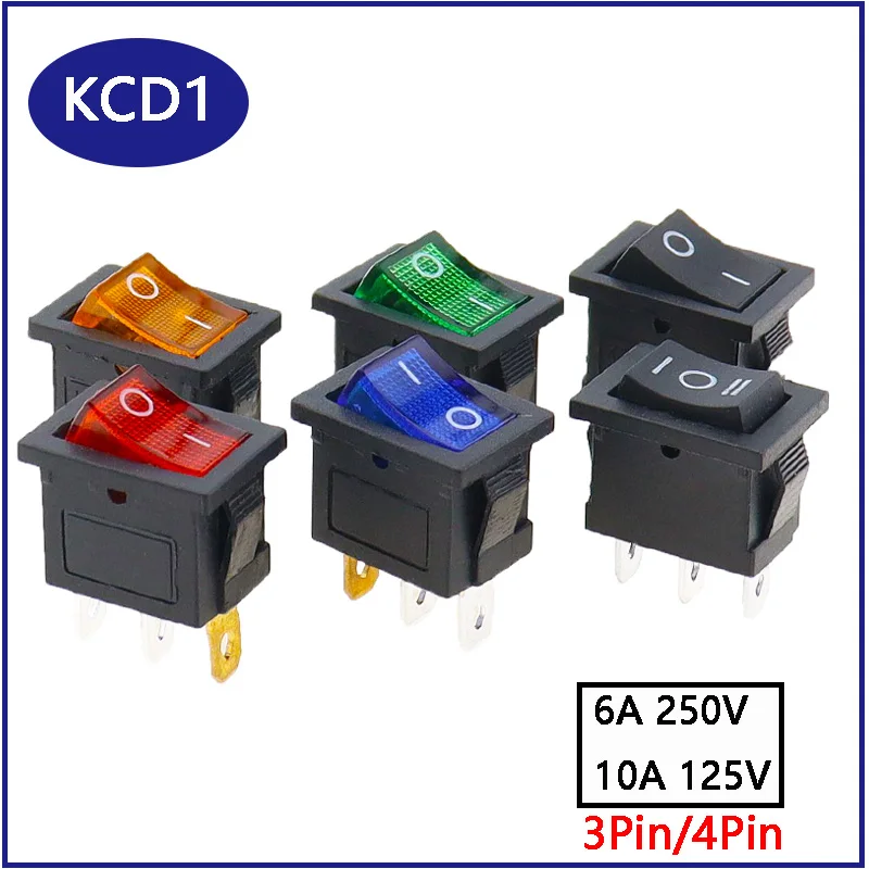 

5 PCS/LOT KCD1 3 4 Pin 21*15mm ON-OFF Boat Car Rocker Switch 6A/250V AC 10A/125V AC With Red Blue Green Yellow Light Switch