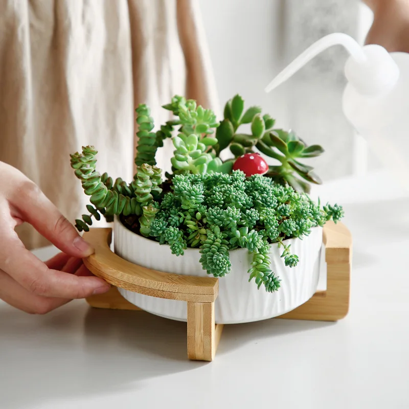 

Ceramic Flower Pot Succulent Green Plant Flower Pot Modern Wooden Frame Decorative Pot(Nonporous) Hydroponic Hydroponic Plant