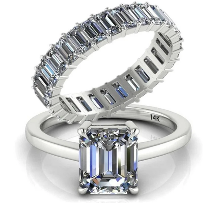 

2pcs/set Square White Crystal Zircon Round Ring Set for Women Engagement Party Wedding Rings Jewelry Size 7-11 Whole Sale