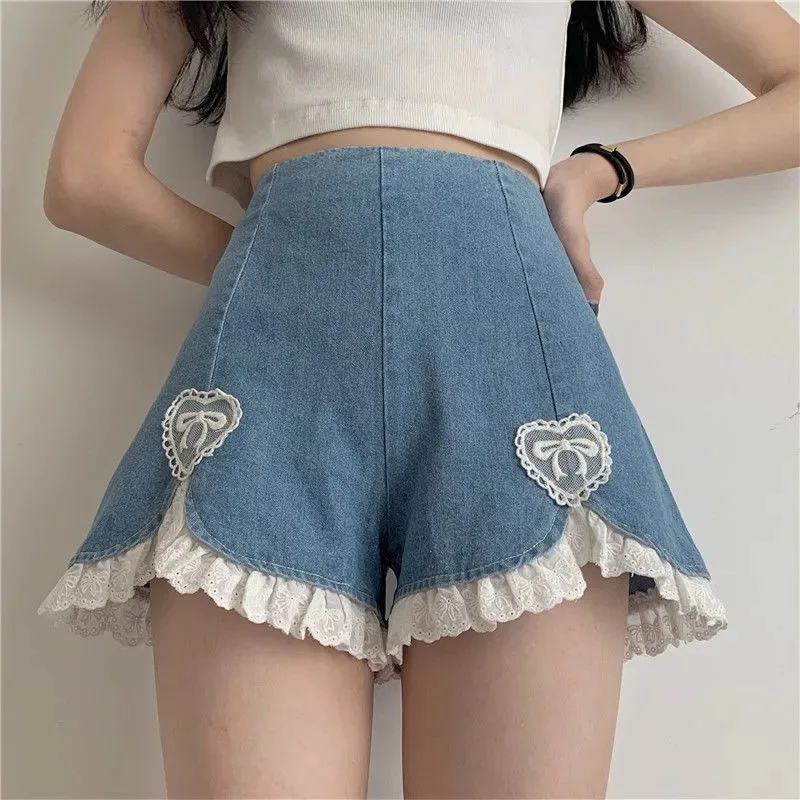 Women Summer Kawaii Sexy Blue Shorts 2021 Cute Lolita Girls Denim Shorts M-4XL Japanese Sweet High Waist Lace Irregular Bottoms