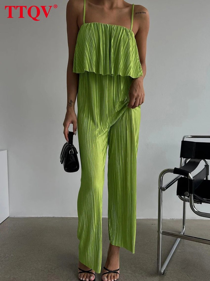 TTQV Fashion Green Pleated Jumpsuits Woman 2023 Elegant Spaghetti Strap Straight Jumpsuits Casual Sleeveless Female Jumpsuit