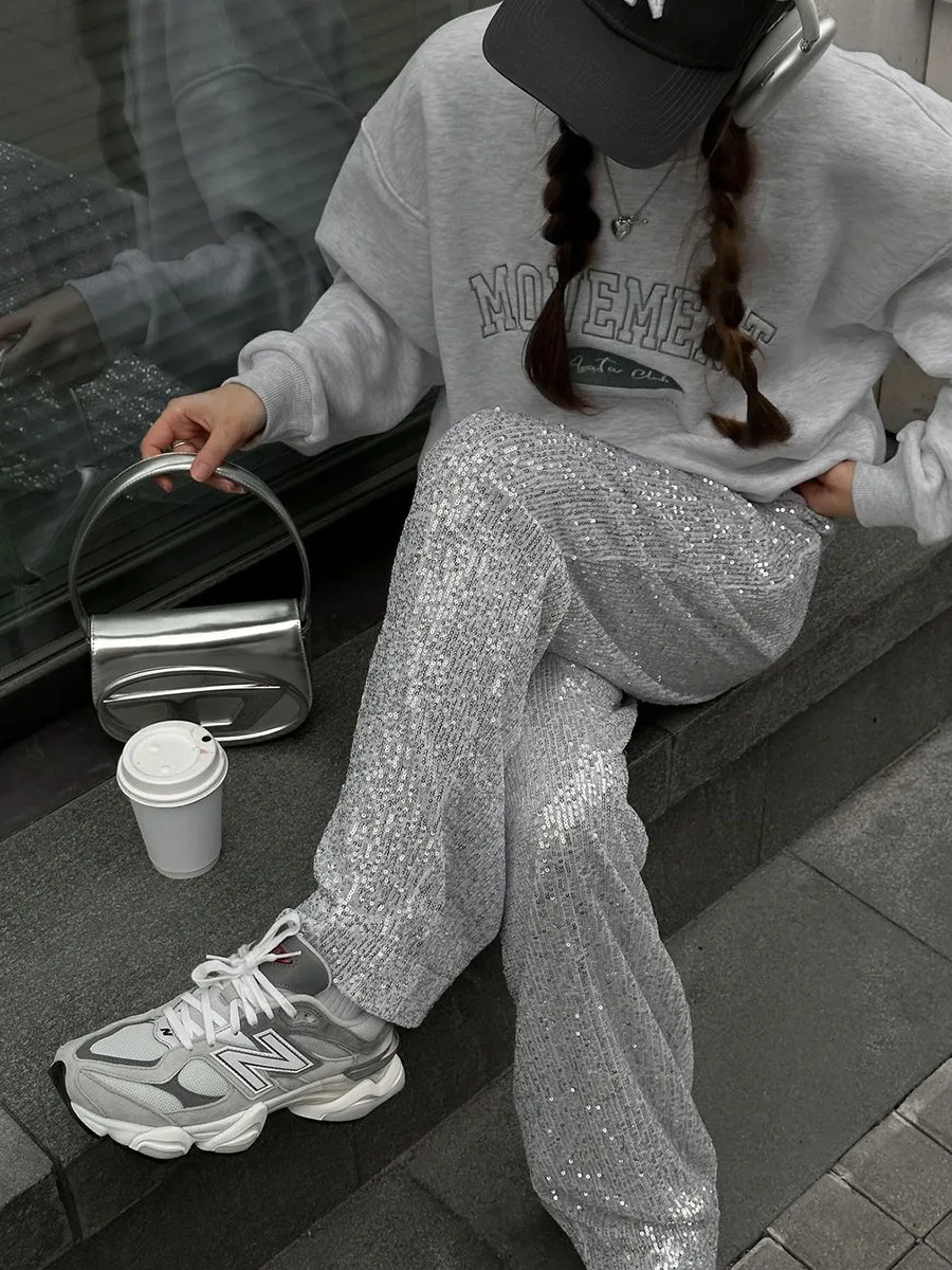 Прямые Брюки с блестками для бегунов брюки-карандаш наряд вечеринок блеск