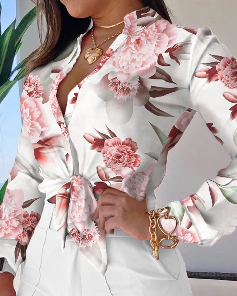 

2022 Spring Summer Women V Neck Floral Print Long Sleeve Button Down Shirt Office Lady Casual Blouse Elegant Tops Womens Clothes