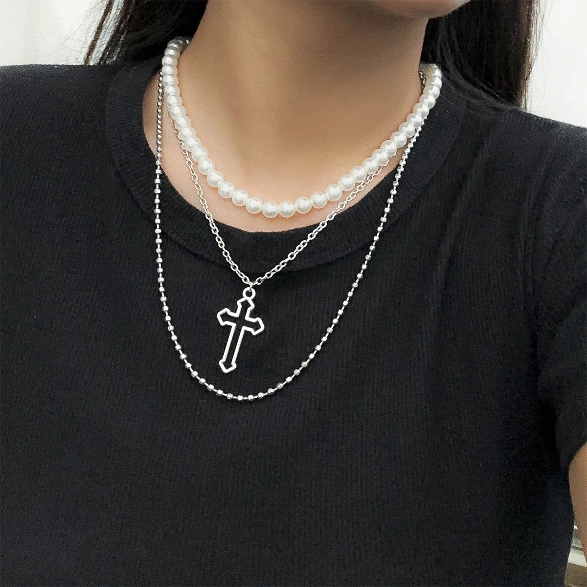 

Vintage Cross Pendant Necklaces for Women Girl Gift Trendy Neck Jewelry Goth Pearl Beads Necklace