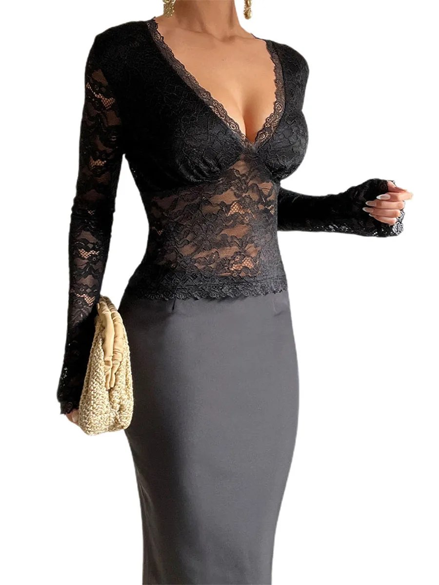 

Women T-shirt, Long Sleeve V-neck See-through Lace Tops Slim Sheer T-shirt Clubwear