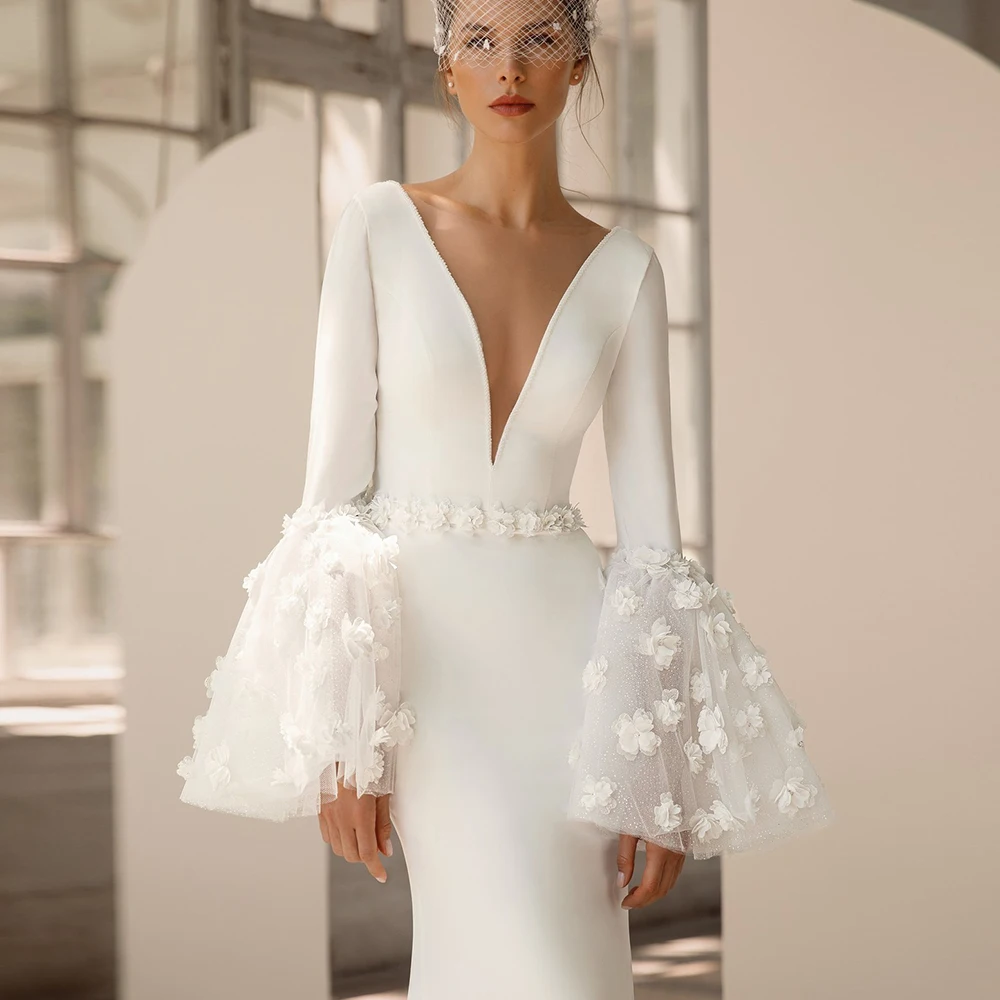 

Deep V-Neck Wedding Dress 2022 Long Sleeves Backless Mermaid Bridal Gown Simple Jersey 3D Flowers Floor-Length Vestido De Noiva
