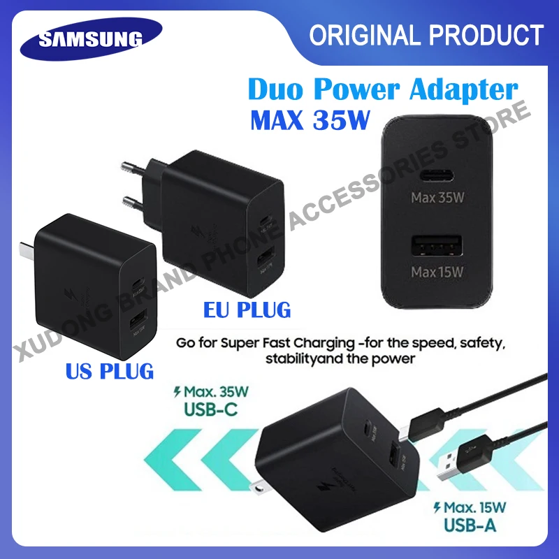 

Original Samsung 35W PD Power Travel Adapter DUO USB-C USB-C Super Fast Charging For Galaxy S22 Ultra S21 Note 20 Flip4 Tab S8