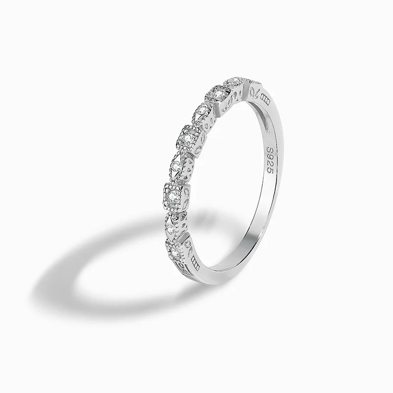 

Hot Sale S925 Sterling Silver White Zircon Square Row Ring Silver Delicate High Quality Trend Women's Rings