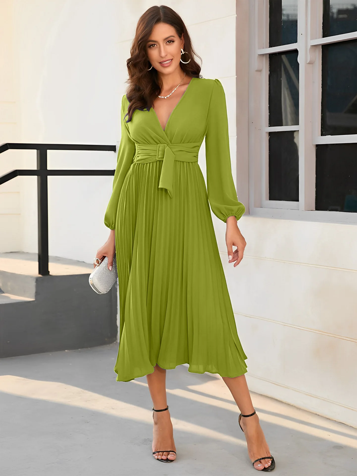 

Spring Vacation Chiffon Dresses For Women 2022 Pleated Long Dress Solid Color Temperament V-neck Midi Bohemia Dress Robe