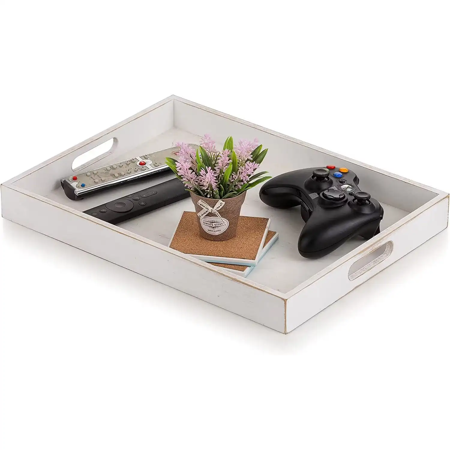 

Wooden Serving Tray with Handls Rustic Rectanglar Trays Decorative,White