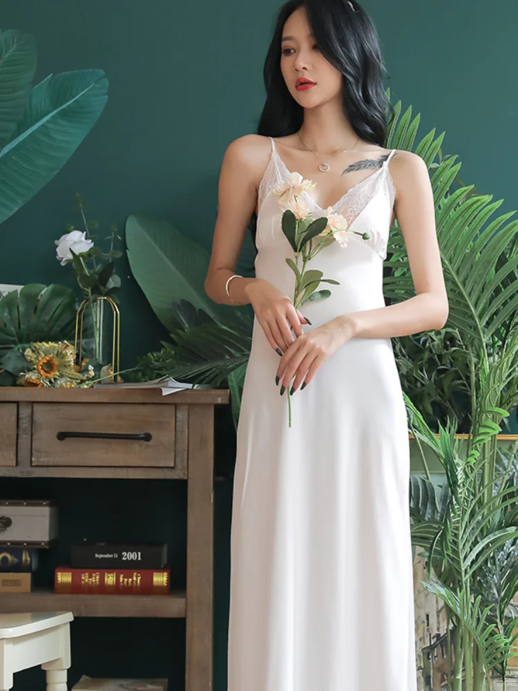 Pajamas Women's Summer Sexy Lace Long Sling Nightdress Solid Color Home Service Women Sleepwear Sleep Dress Satin Slip Dress