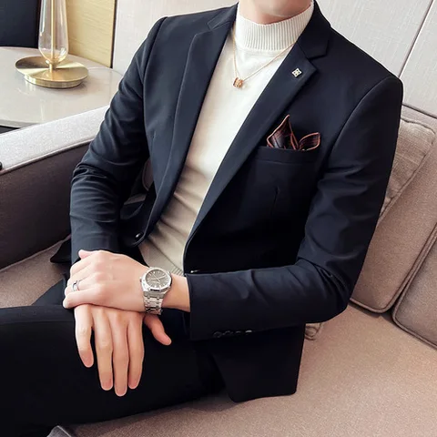 2023 Модный черный пиджак в стиле ретро, мужской Весенний новый высококачественный офисный мужской однотонный Блейзер, облегающий костюм с большим воротником, пальто для мужчин