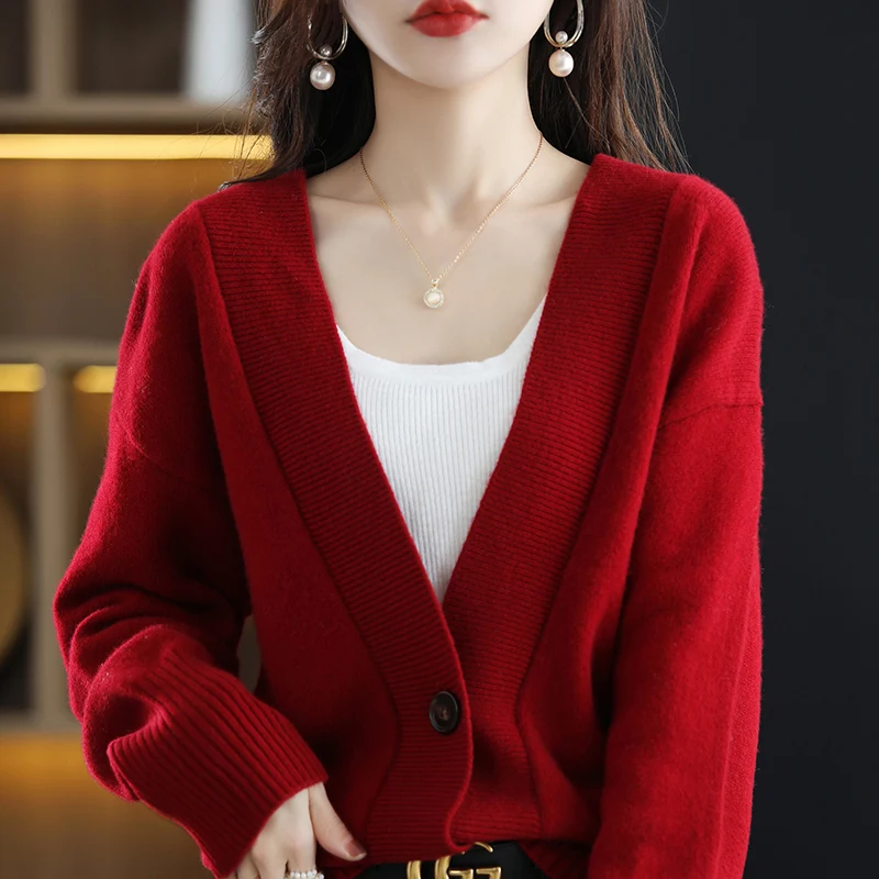 

Повседневный однотонный вязаный кардиган с V-образным вырезом, кашемировый свитер, короткий Модный женский свитер с длинным рукавом, 100% шерсть, новая осенняя куртка