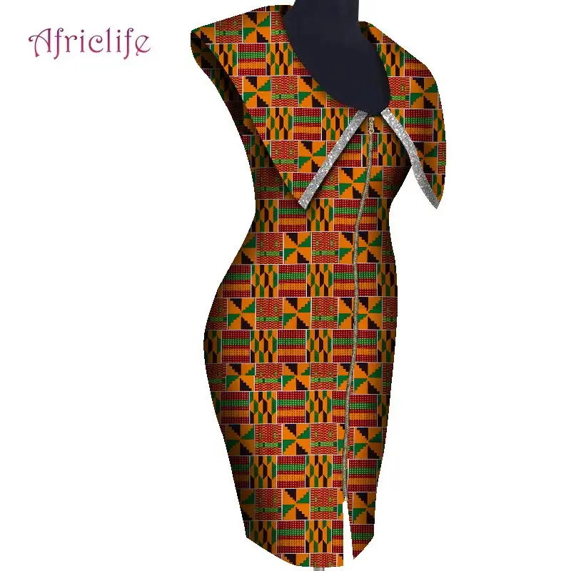 

African Traditional Clothing for Women Cover Knee Dashiki Print DressTurn Collar with Gliter Elegant Lady Clothes Party WY8601