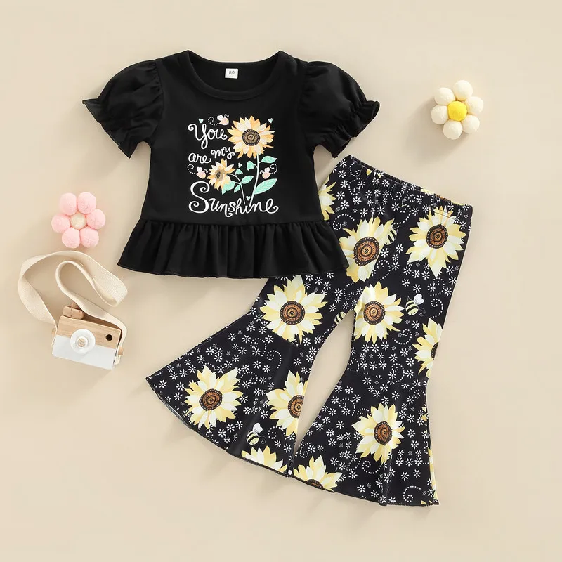 

Toddler Kid Girl Clothes Pant Sets Summer Letter Sunflower Short Sleeve Ruffle Hem Tops Elastic Waist Flared Pants 1 to 6 Years